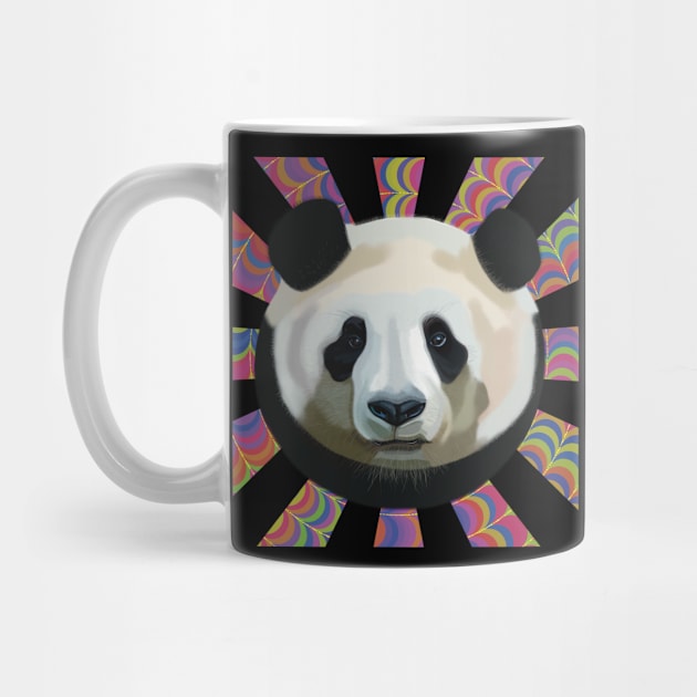 Striking Panda bear on Psychedelic patterned sun rays by KateVanFloof